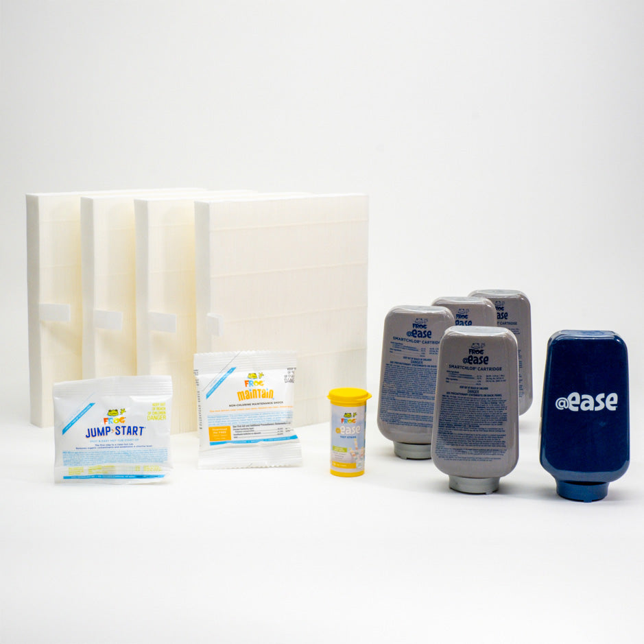 EACH KIT INCLUDES:
1x Mineral Cartridge (Blue)
4x SmartChlor® Cartridges (Silver)
1x Jumpstart® Packet
12x Maintain® Packets
Your choice of filters